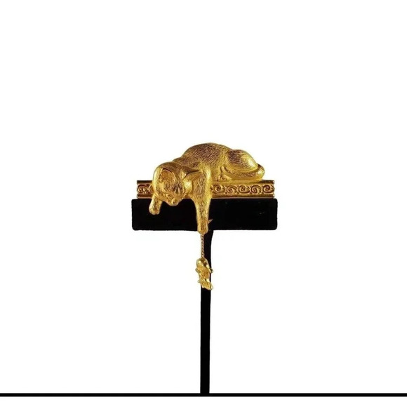 VTG JJ Kitty Cat & Mouse Brooch Signed Pin Dangle Gold Tone Costume Jewelry - Picture 2 of 7